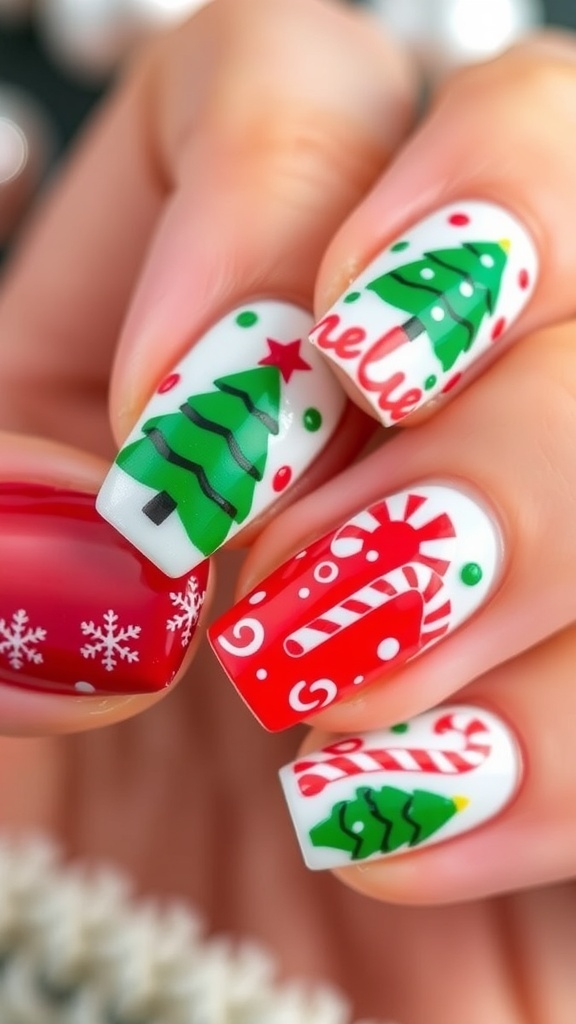 Basic Christmas Nail Art Tutorial Close-up of Christmas nail art with festive designs in red, green, and white.